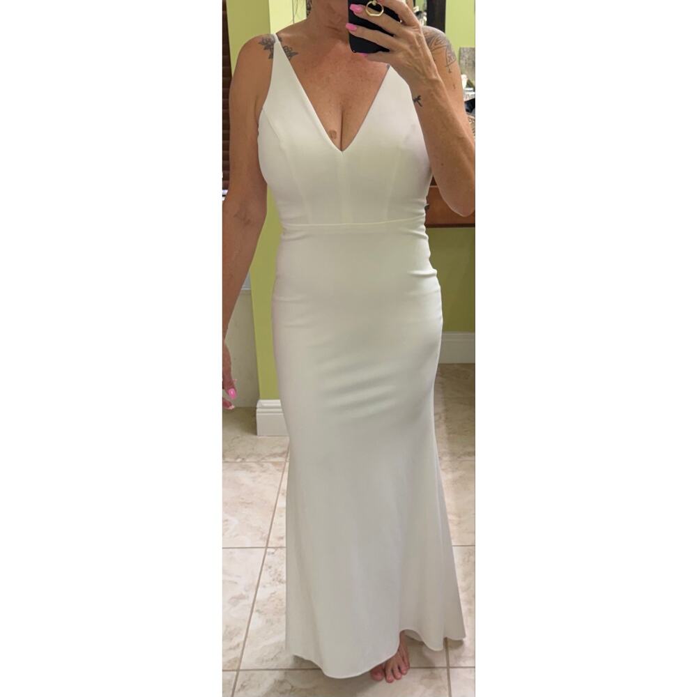 BHLDN White Mermaid Maxi Wedding Dress V-Neck Crepe Gown Size 2 - Picture 2 of 9